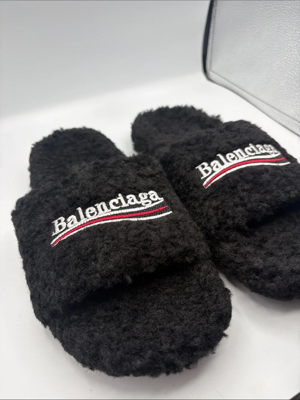 Balenciaga Black Faux Shearling Slides with Red & White Accent